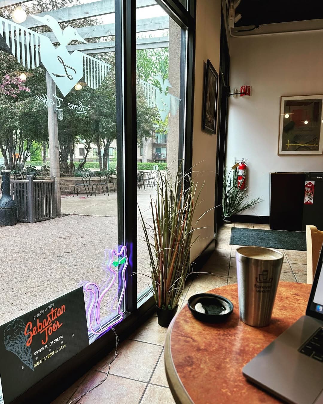A window seat at Loons Coffee with the logo decal, a Loons mug, and a laptop